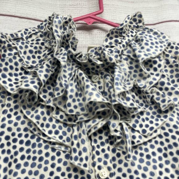 J. Crew 100% Silk Grey White Heart Ruffle Neck Sleeveless Tunic Blouse Size 4 - Picture 2 of 8